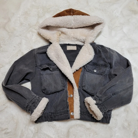 Free people perry hooded denim jacket in washed black sherpa trim size S - Picture 6 of 11